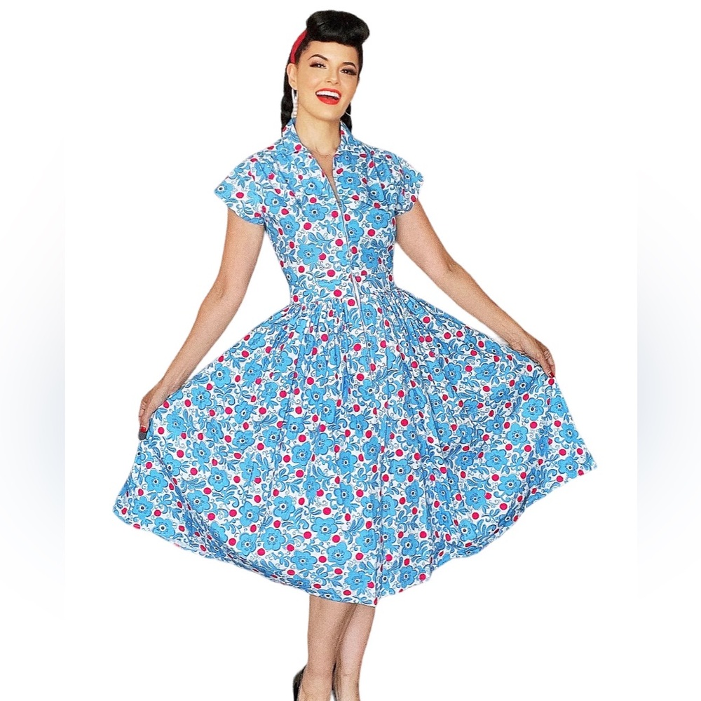 Floral Blue and Red vintage inspired pinup Dress